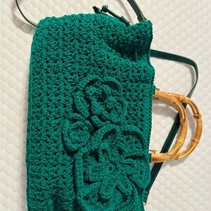 Patricia Nash Teal Crochet Shoulder Bag with Bamboo Handles
